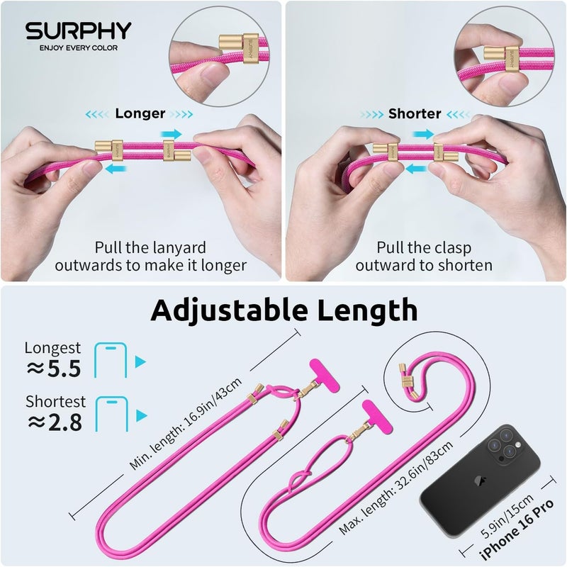 SURPHY Phone Lanyard Crossbody, Adjustable Cell Phone Lanyard with 2 Pack Phone Tether Tab, Two-Color Braided Phone Strap (Hot Pink) - Image 3